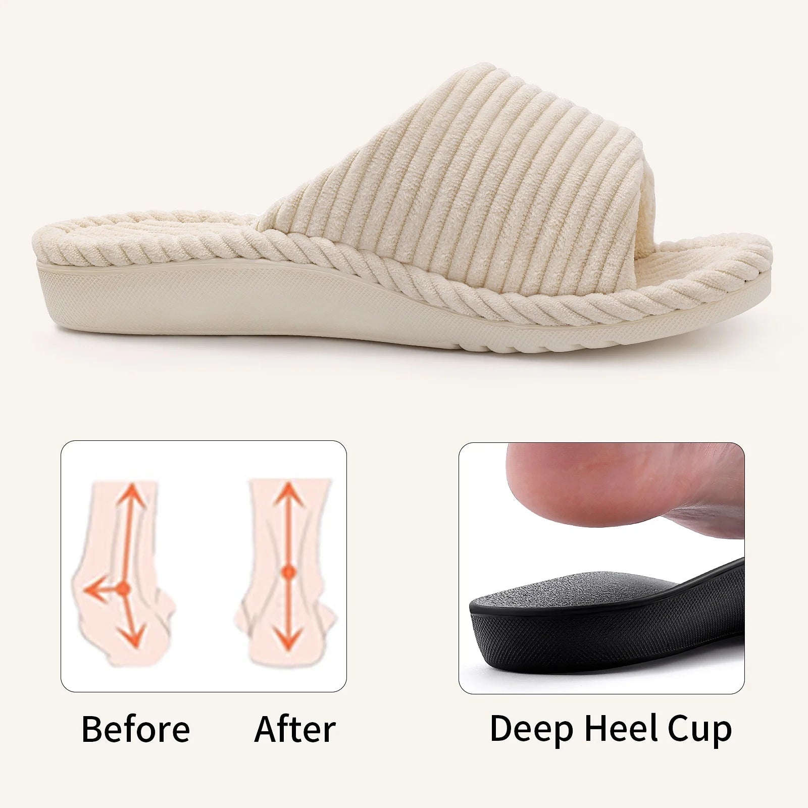 Experience Ultimate Comfort with Litfun Women's Adjustable Corduroy Arch Support Slippers - Beige, Size 8-8.5