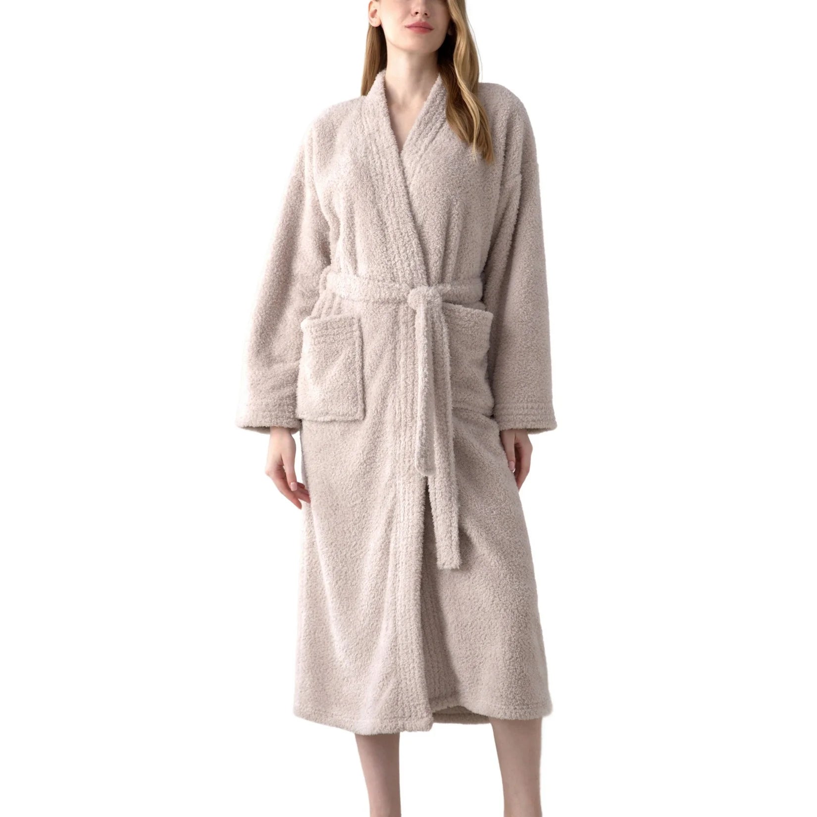 Chic Beige Women's Fleece Bathrobe - Cozy Long Sleeve Loungewear for Cold Weather in Medium-Large