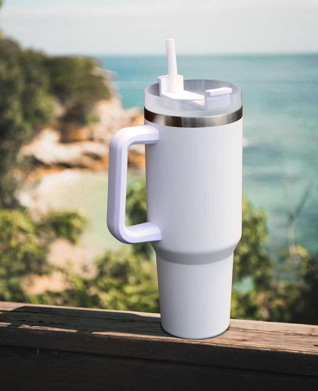Stay Hydrated in Style with Our 40 Oz Double-Wall Insulated Stainless Steel Tumbler - Complete with Straw and Handle in Elegant White
