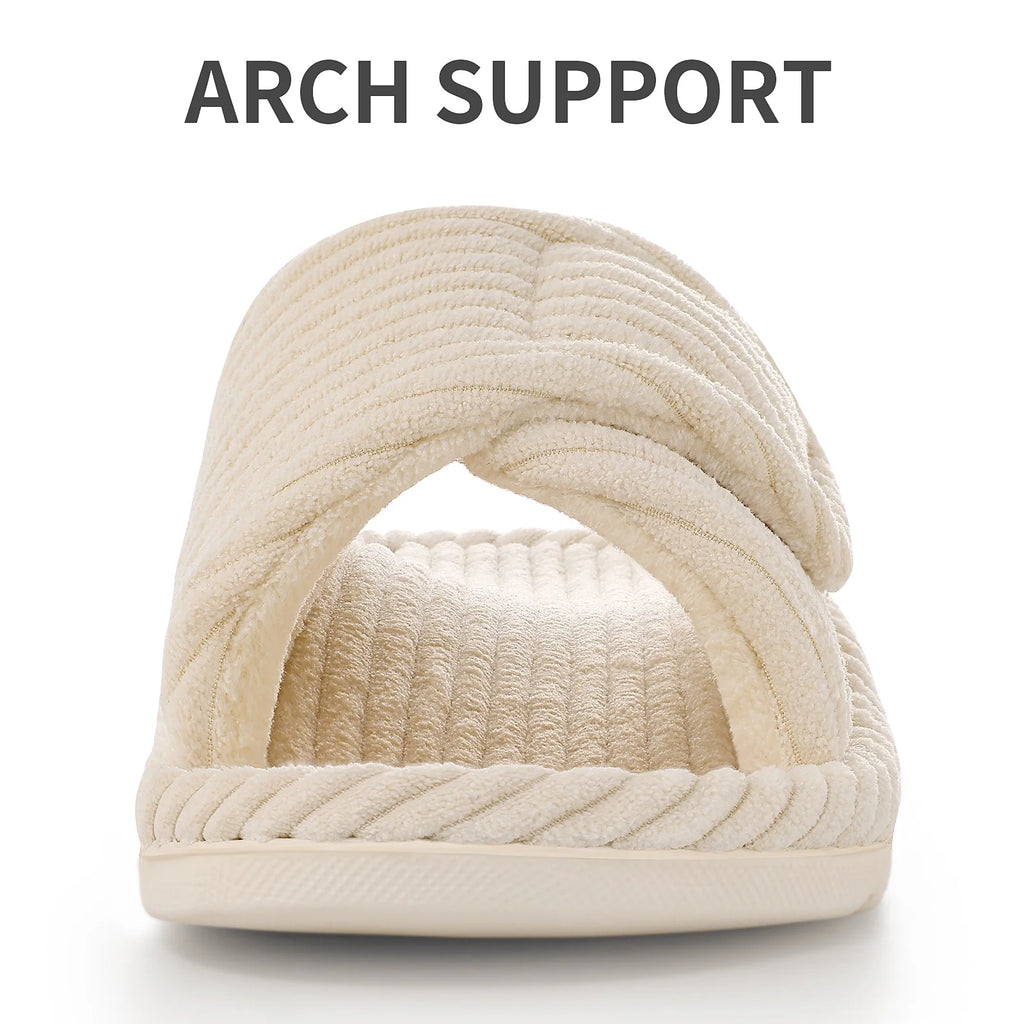 Experience Ultimate Comfort with Litfun Women's Adjustable Corduroy Arch Support Slippers - Beige, Size 8-8.5