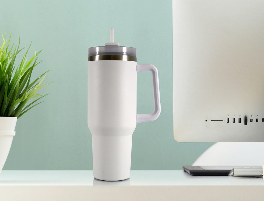 Stay Hydrated in Style with Our 40 Oz Double-Wall Insulated Stainless Steel Tumbler - Complete with Straw and Handle in Elegant White